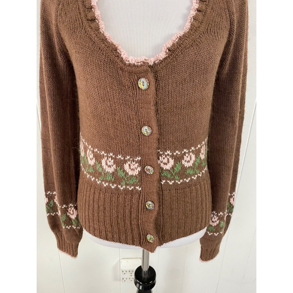 NWT Kimchi Blue Urban‎ Outfitters M Brown Floral Ruffle V-Neck Cardigan Coquette - Picture 8 of 12